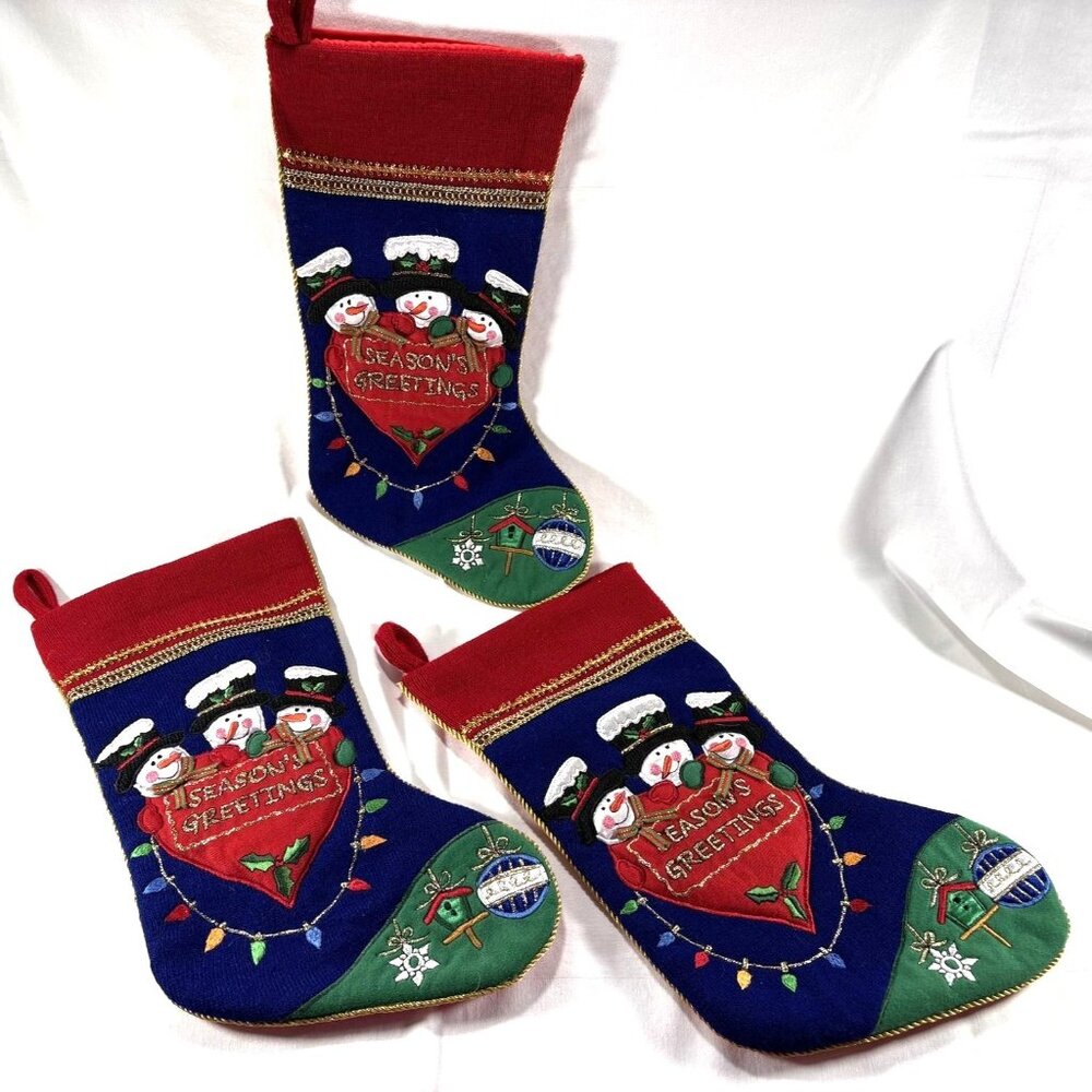 Set Of 3 Knitted Christmas Stockings Embroidered Snowmen and Accents‎